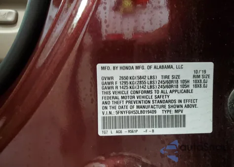 2020 Honda Pilot Exl z USA, uszkodzony, nr VIN 5FNYF6H53LB019409